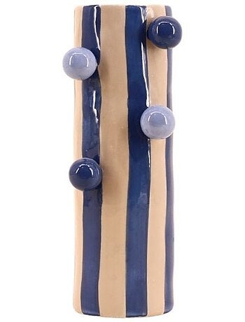 Vase rayé bleu / écru avec perles 25cm