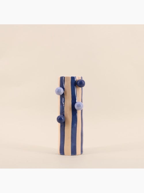 Vase rayé bleu / écru avec perles 25cm - Kiabi