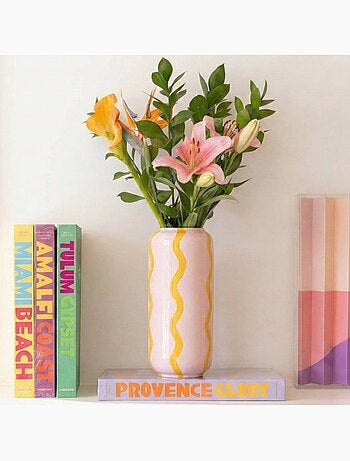 Vase rayé en céramique blanc / jaune 20cm