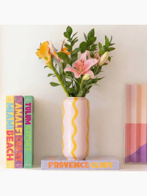 Vase rayé en céramique blanc / jaune 20cm - Kiabi