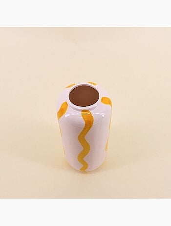Vase rayé en céramique blanc / jaune, H20cm