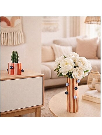Vase rayé orange / blanc avec perles 31cm