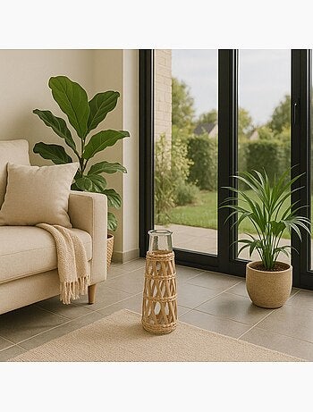 Vase rond en verre et fibres naturelles 34cm