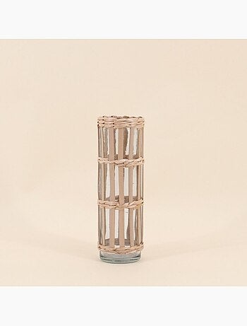 Vase rond en verre et fibres naturelles, H19cm