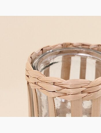 Vase rond en verre et fibres naturelles, H19cm