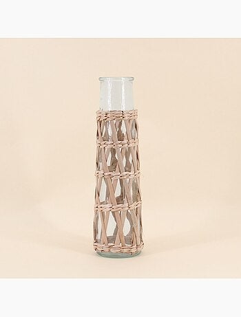 Vase rond en verre et fibres naturelles, H34cm
