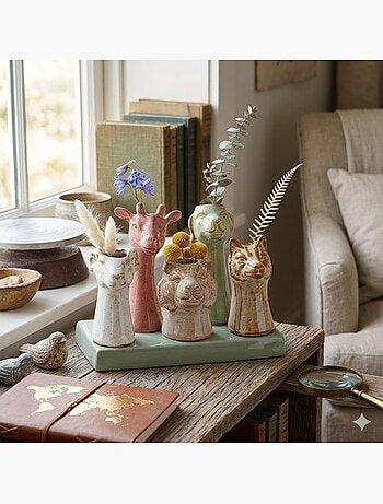 Vase tetes d animaux en faience