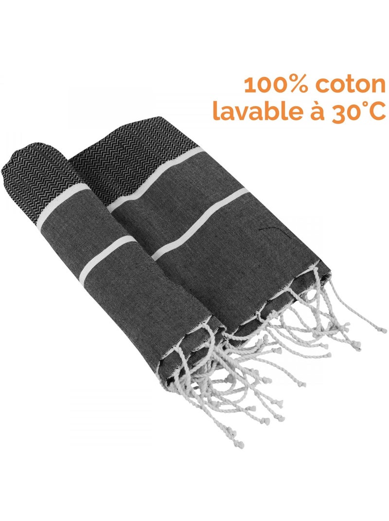 Véritable fouta Tunisienne tissage à plat 100% coton 380g - Horizon - Vivezen Noir - Kiabi