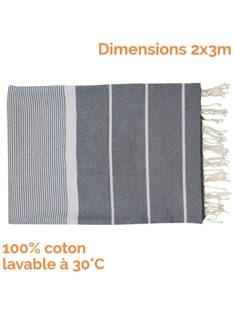Véritable fouta Tunisienne XXL tissage à plat 30% coton et 70% de lin 380g - Vivezen Gris Beige - Kiabi