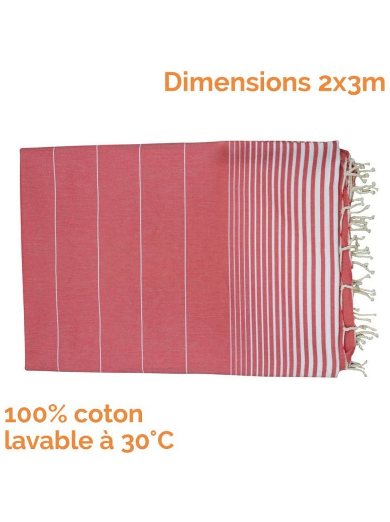 Véritable fouta Tunisienne XXL tissage à plat 30% coton et 70% de lin 380g - Vivezen Rouge - Kiabi