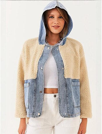 Veste à capuche en fausse fourrure bianco avec détails en denim lucci