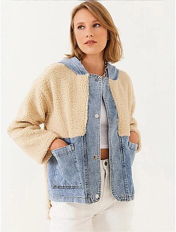 Veste à capuche en fausse fourrure bianco lucci avec détails en denim