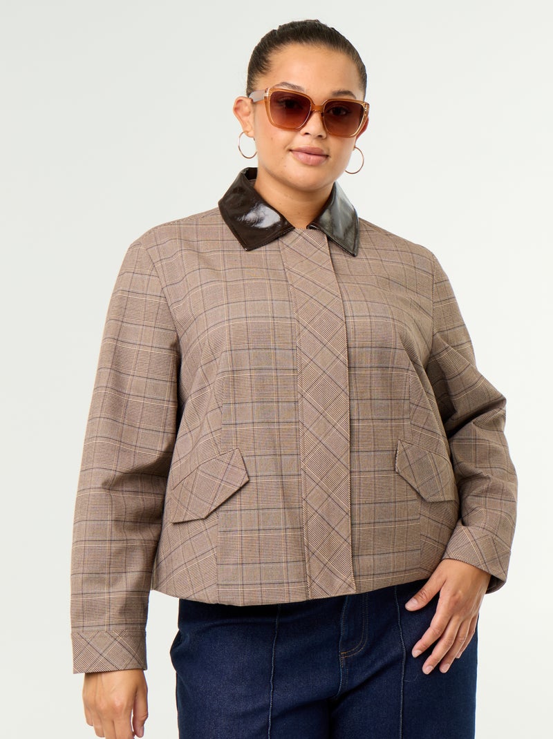 Veste à carreaux avec col vinyle Beige - Kiabi