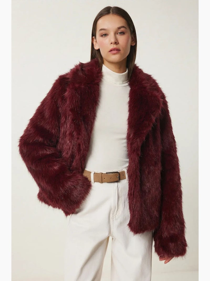Veste à col châle en fausse fourrure istanbul Rouge bordeaux - Kiabi