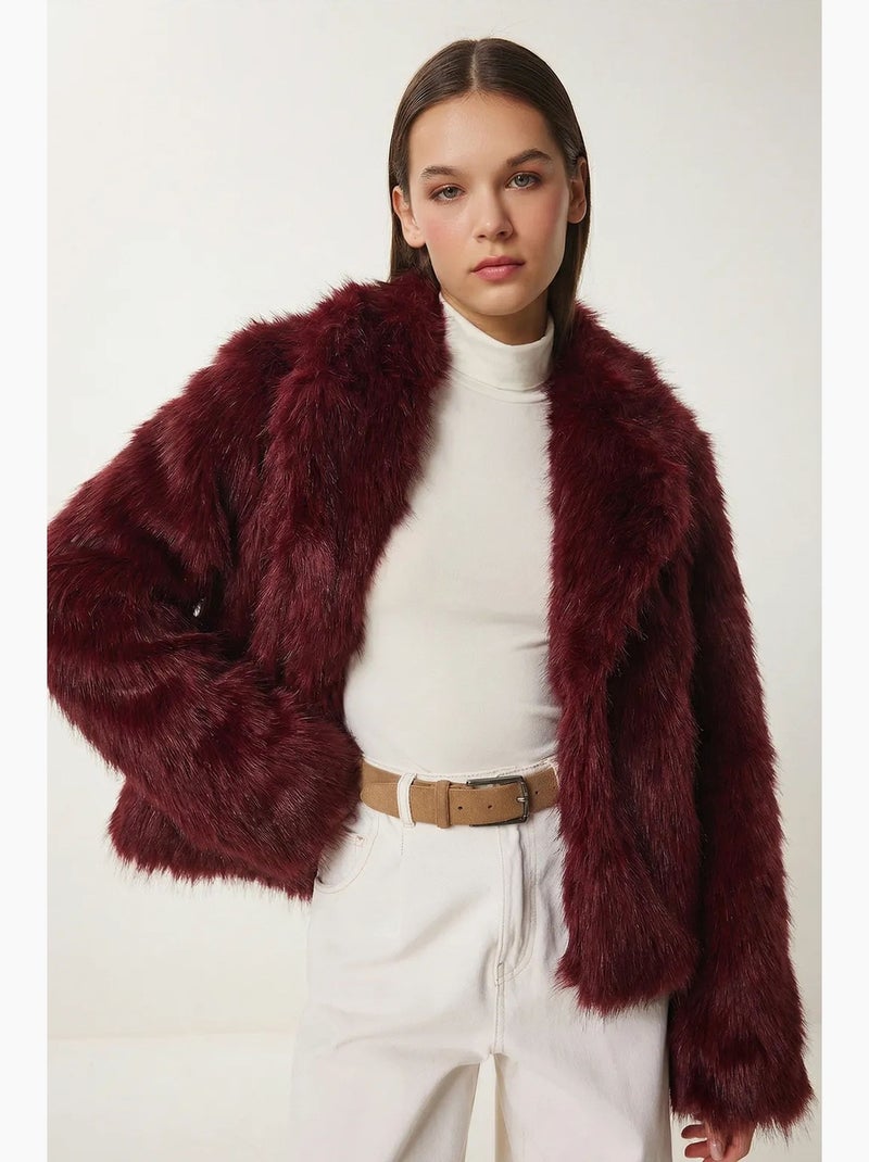 Veste à col châle en fausse fourrure istanbul Rouge bordeaux - Kiabi
