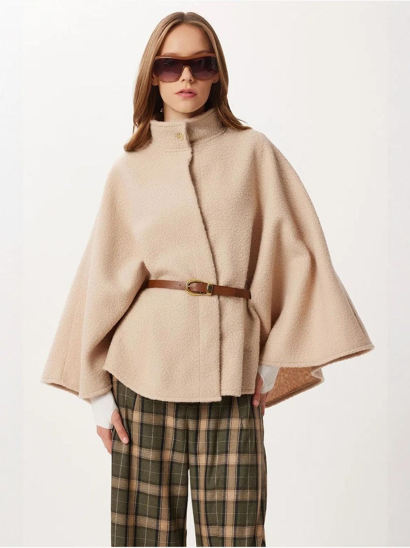 Veste ample boutonnée en gabardine texturée à col roulé mi-long istanbul Beige argile - Kiabi