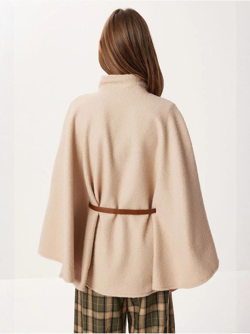 Veste ample boutonnée en gabardine texturée à col roulé mi-long istanbul Beige argile - Kiabi