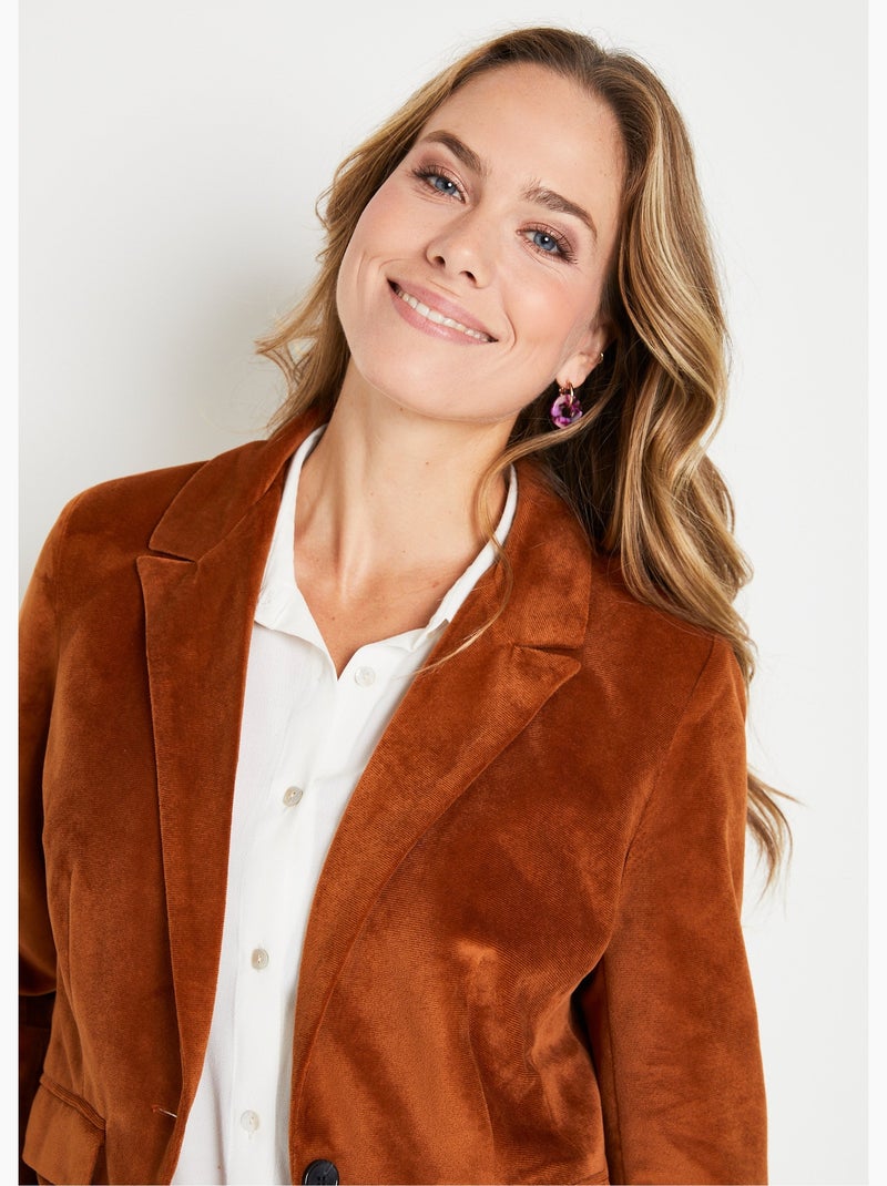 Veste blazer droite velours uni col tailleur Camel - Kiabi
