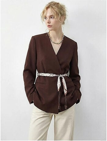 Veste blazer longue à col en v et ceinture lucci