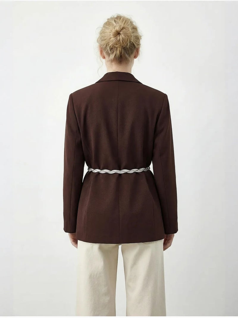 Veste blazer longue à col en v et ceinture lucci Marron chocolat - Kiabi