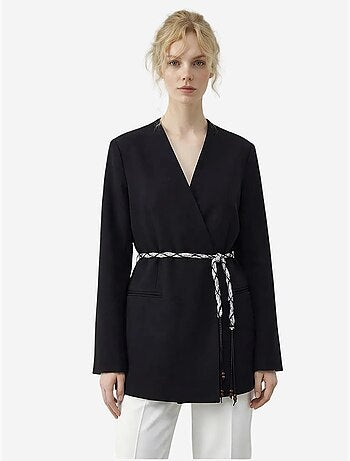 Veste blazer longue à col en v et ceinture lucci