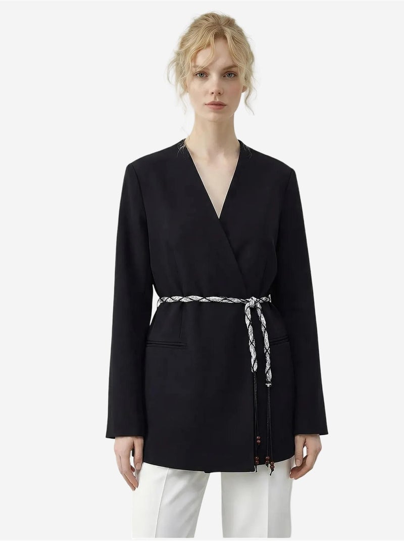 Veste blazer longue à col en v et ceinture lucci Noir - Kiabi