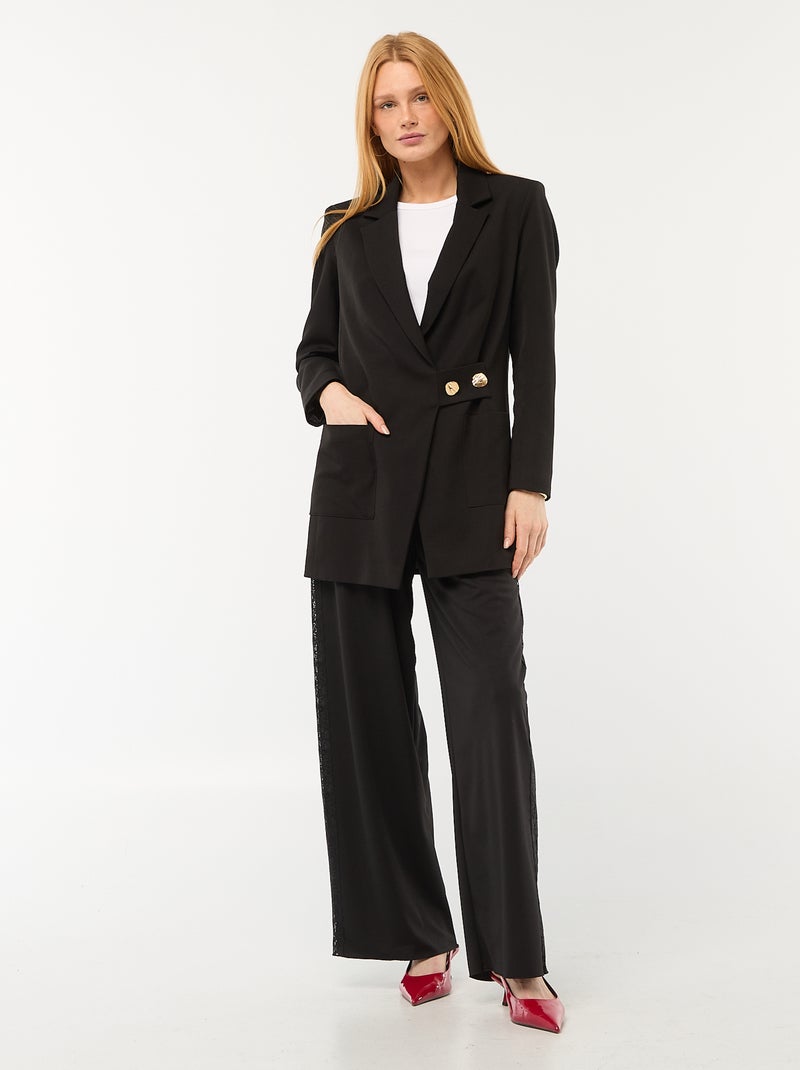 Veste blazer mi-longue avec boutons martelés dorés Noir - Kiabi
