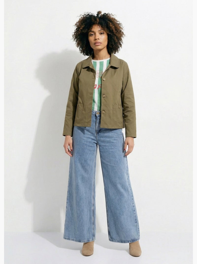 Veste boite en coton, avec col claudine - AFIBEL Kaki - Kiabi