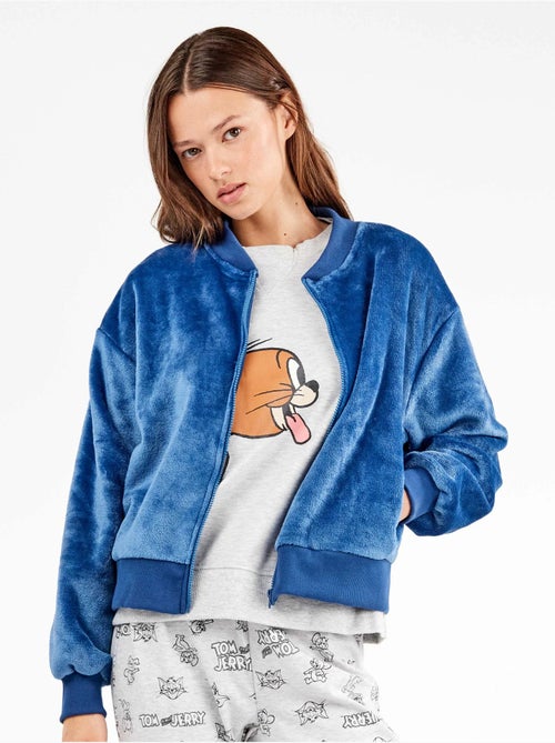 Veste bomber en peluche bleue pour homme - Kiabi