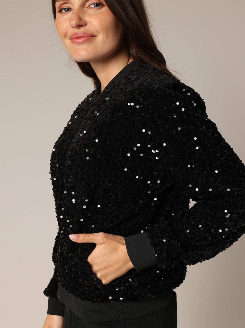 Veste bomber en sequins avec fermeture zippée et finitions côtelées. 'Deeluxe' Noir - Kiabi