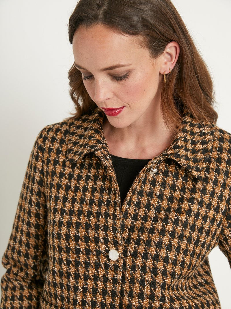 Veste boutonnée courte jacquard pied de coq Camel - Kiabi