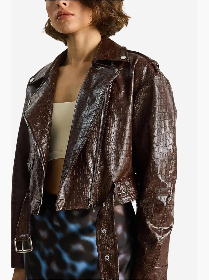 Veste ceinturée courte effet cuir lucci Marron foncé - Kiabi