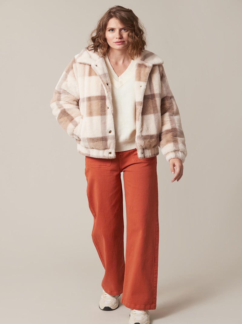 Veste chaude en imitation fourrure, motifs gros carreaux,  'Deeluxe' Beige - Kiabi