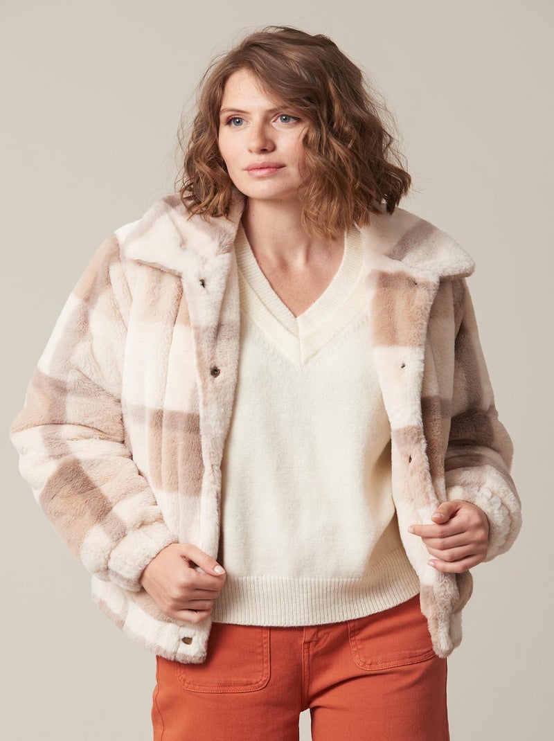 Veste chaude en imitation fourrure, motifs gros carreaux,  'Deeluxe' Beige - Kiabi