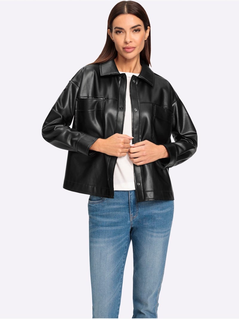 Veste Chemisier Imitation Cuir Souple - Taille Standard - Helline Noir - Kiabi