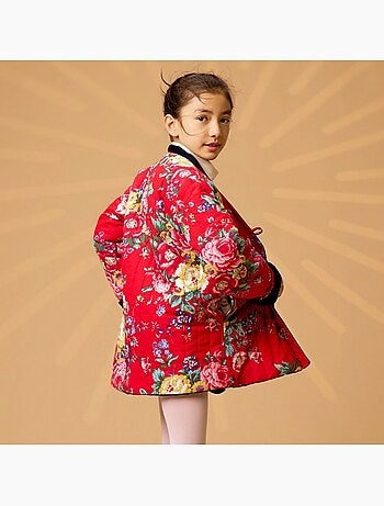 Veste Chinoise Fille Velours Bleu Marine Réversible Fleurie Rouge KIM - La Faute à Voltaire