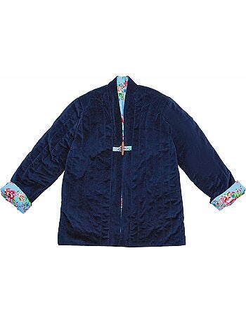 Veste Chinoise Fille Velours Bleu Marine Réversible Fleurie Turquoise KIM - 'LA FAUTE A VOLTAIRE'