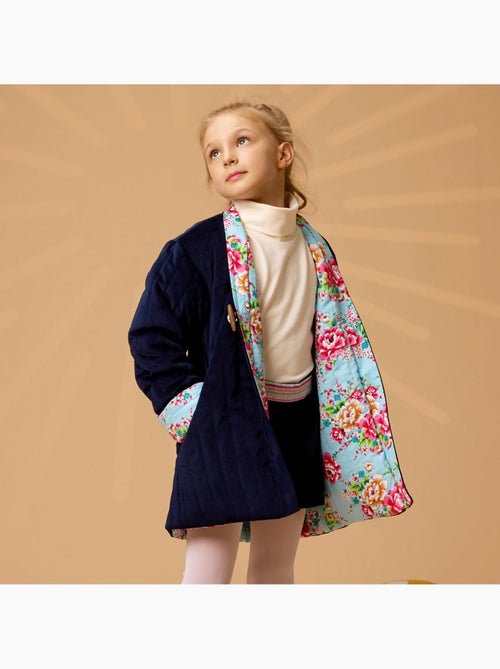 Veste Chinoise Fille  Velours Bleu Marine Réversible Fleurie Turquoise  KIM  - 'LA FAUTE A VOLTAIRE' - Kiabi