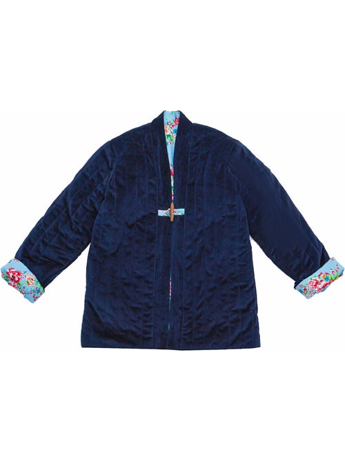Veste Chinoise Fille  Velours Bleu Marine Réversible Fleurie Turquoise  KIM  - 'LA FAUTE A VOLTAIRE' - Kiabi