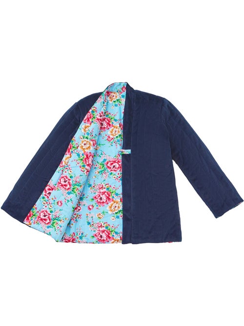 Veste Chinoise Fille  Velours Bleu Marine Réversible Fleurie Turquoise  KIM  - 'LA FAUTE A VOLTAIRE' - Kiabi