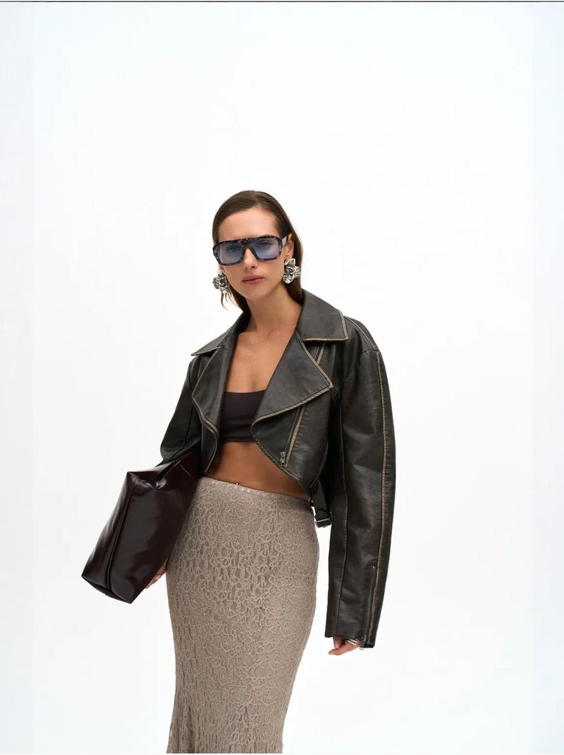 Veste courte décontractée en similicuir mai destroyed Gris Noir - Kiabi