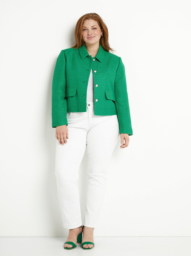 Veste courte droite boutonnée tissu natté uni Vert - Kiabi
