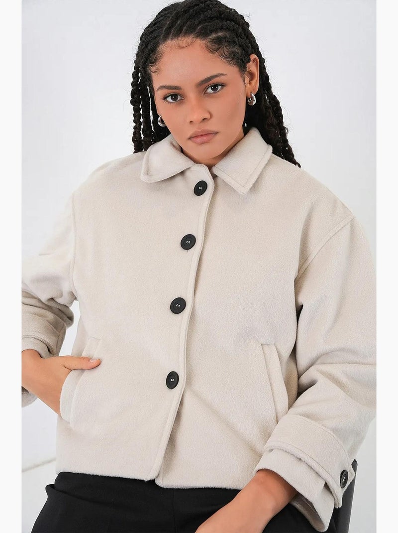 Veste courte en gabardine texturée avec fermeture à boutons bdart Ivoire - Kiabi