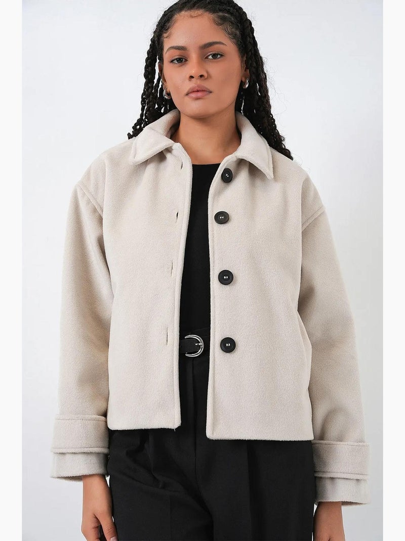 Veste courte en gabardine texturée avec fermeture à boutons bdart Ivoire - Kiabi