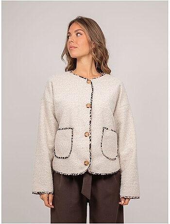 Veste courte en lainage bouclé biais léopard ubila