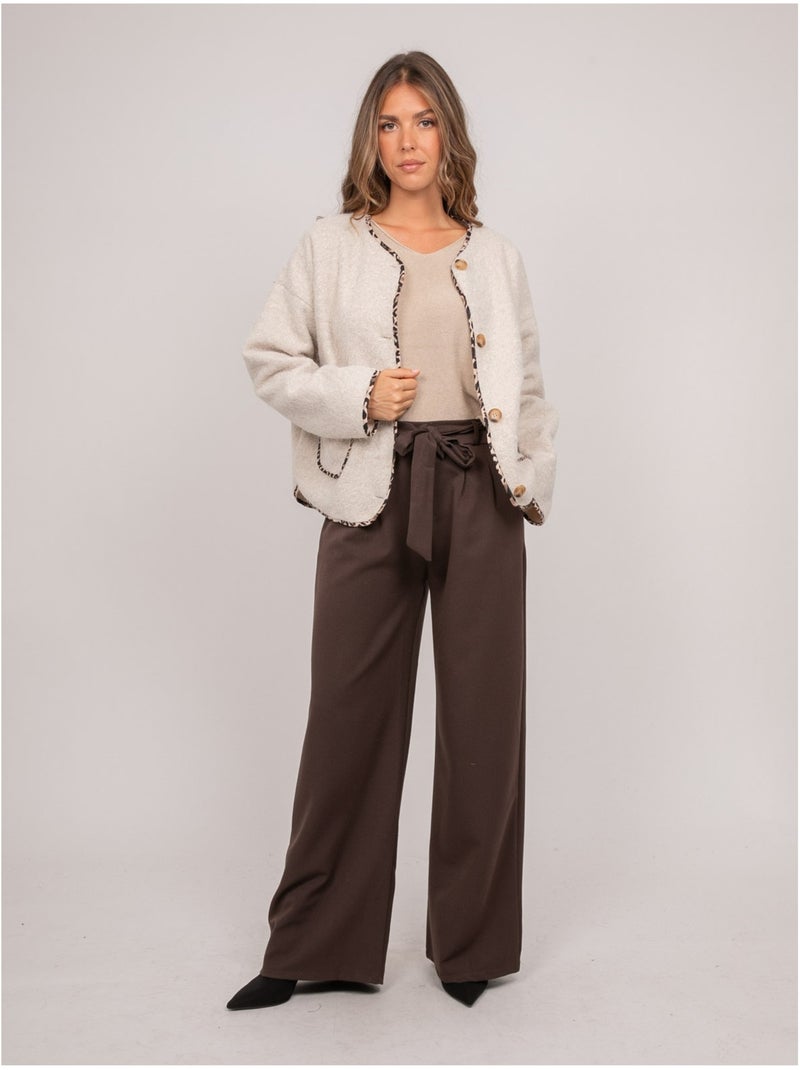 Veste courte en lainage bouclé biais léopard ubila Beige - Kiabi