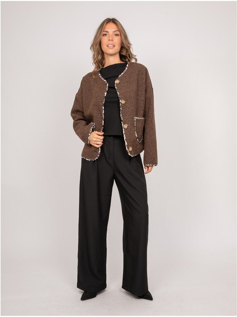 Veste courte en lainage bouclé biais léopard ubila Marron - Kiabi