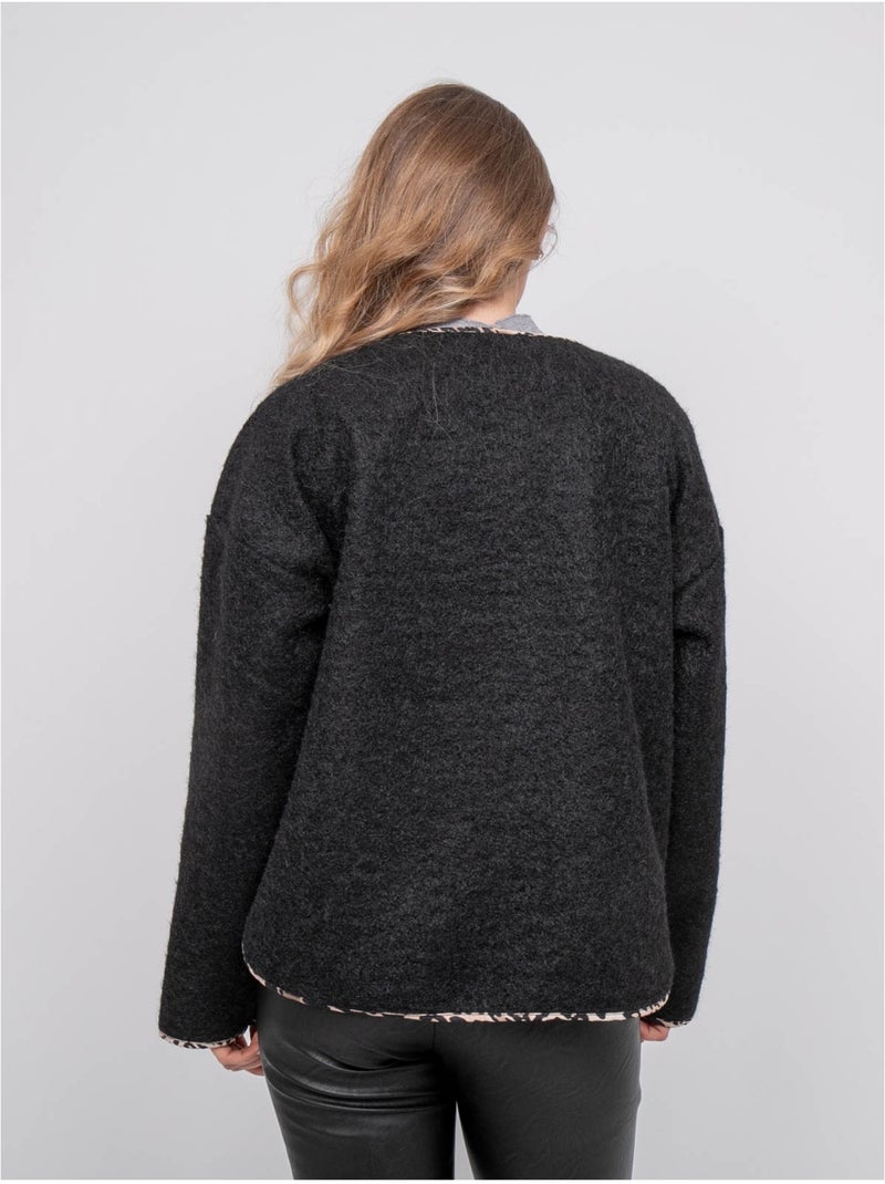 Veste courte en lainage bouclé biais léopard ubila Noir - Kiabi