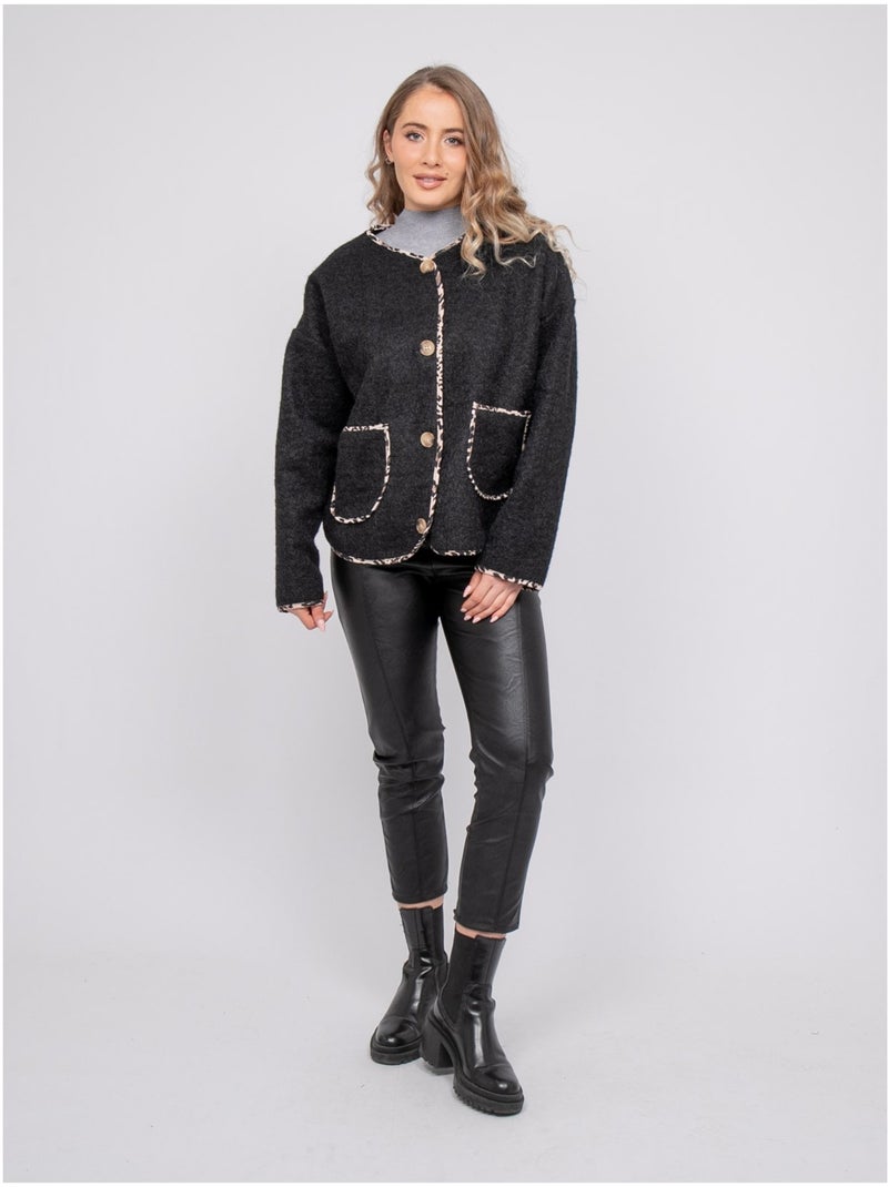 Veste courte en lainage bouclé biais léopard ubila Noir - Kiabi