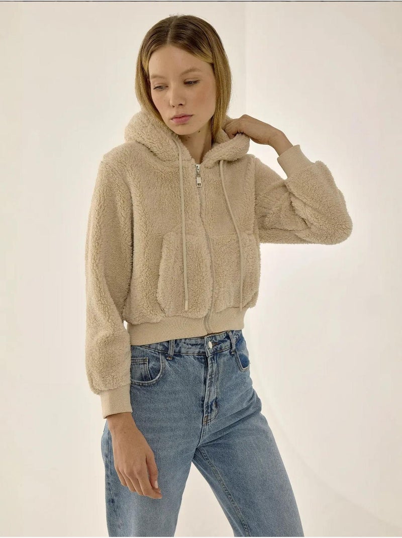 Veste courte en peluche avec col zippé Beige naturel - Kiabi